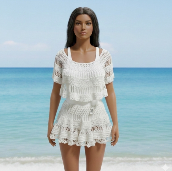 Handmade Other - Handmade White Crochet Ruffle Beach Top Boho Sheer 3-in-1 Poncho Cover-Up Open